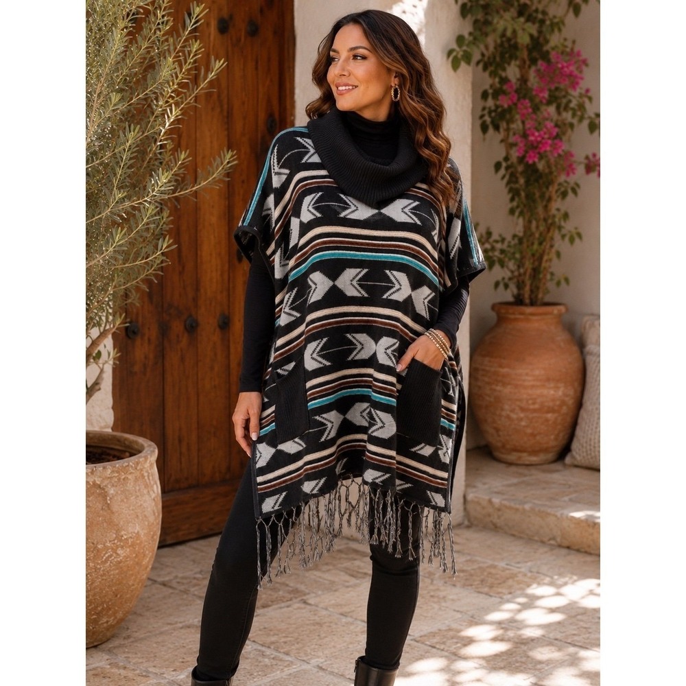 Michael Michael Kors Southwest Aztec Fringe Cowl‎ Neck Poncho Sweater S/S